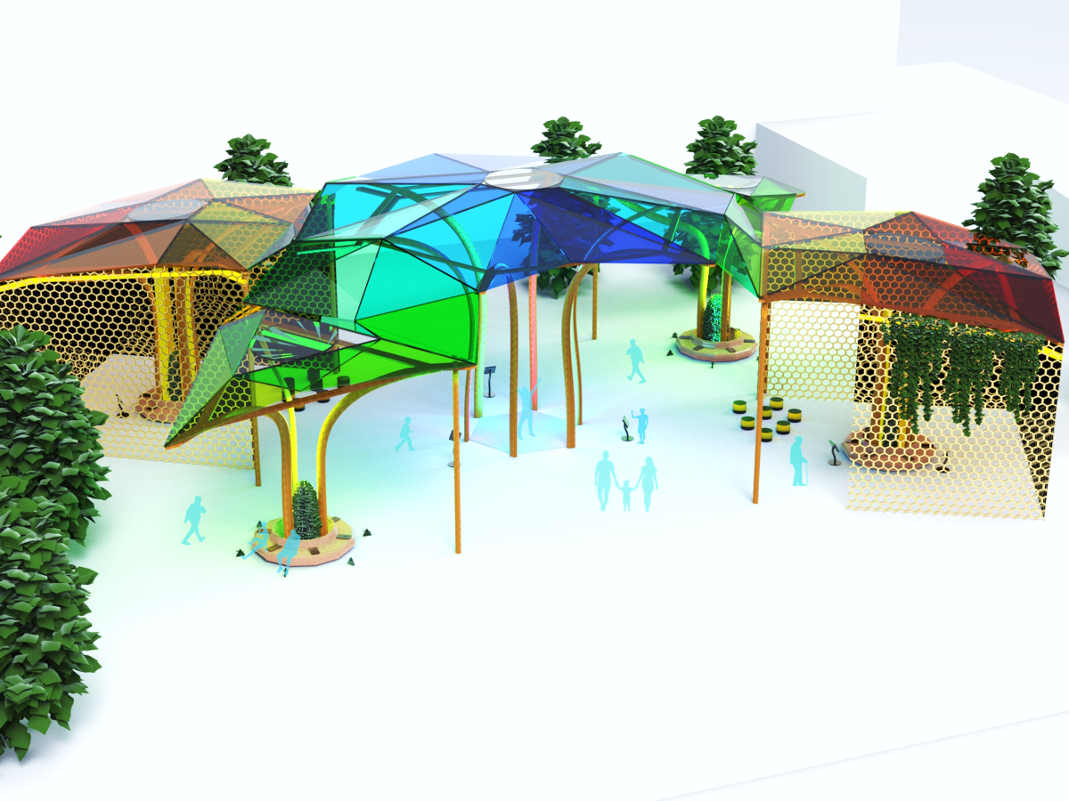 LifeForest: Un pabellón que genera electricidad con un techo solar transparente coloreado y el ejercicio&nbsp;físico