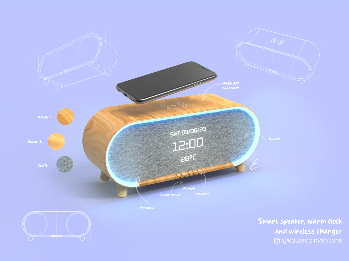 Smart speaker, alarm clock and wireless charger sketches!! All in&nbsp;1!